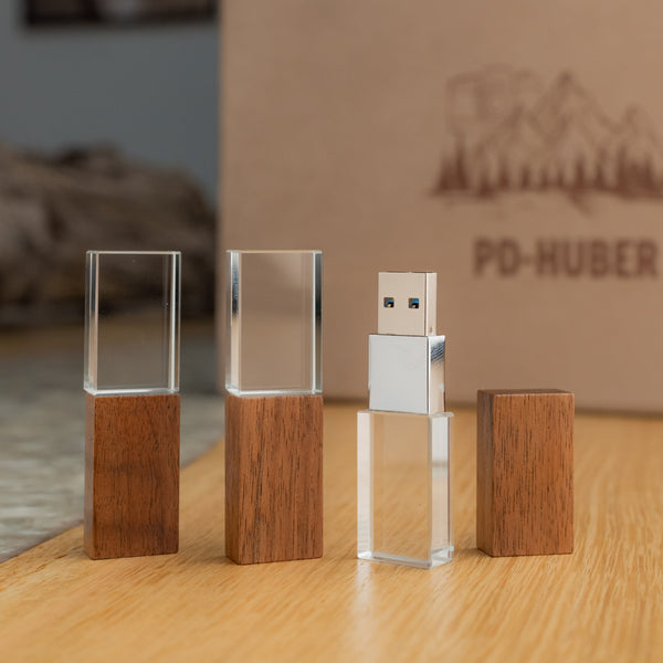 USB-Sticks aus Holz und Glas – passend zu Holzboxen und SoftTouch Boxen