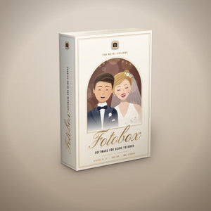 Software-Box „Fotobox von Meine-Holzbox“: cremefarbene Schachtel mit Brautpaar im Bogenfenster, Fotobox in Goldschrift, Software für deine Fotobox