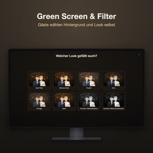 Green Screen und Filter: Die Gäste wählen für das Foto des Brautpaars vor dem Lichtervorhang eine Filtervorlage, z. B. Warmes Gold, Pastell, Kino, Vintage, Glow oder Schwarz-Weiß
