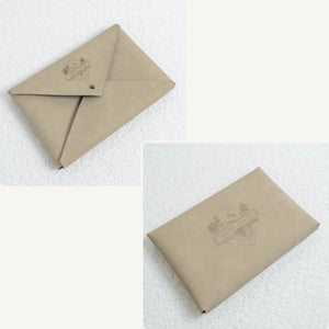 Vegan leather envelope in natural – front with closure and back, both engraved
