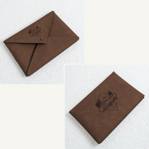 Vegan leather envelope in walnut – front with closure and back, both engraved