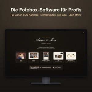 Fotobox-Software auf einem Touch-Monitor: oben „Unsere Hochzeit“ und Anna & Max in Schreibschrift mit Datum, darunter dunkle Karten für Foto, 4 Fotos, Fotostreifen, GIF und Boomerang und eine Fotoaufgabe
