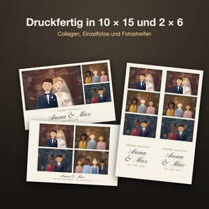 Beispieldrucke im Design „Creme & Gold“ mit „Anna & Max“ in Schreibschrift: Collage mit 3 Fotos, Collage mit 4 Fotos und ein Blatt mit zwei Fotostreifen 2 × 6, mit gezeichneten Fotos vom Brautpaar und den Gästen