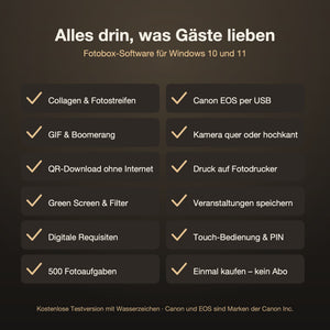 Funktionsübersicht der Fotobox-Software: Collagen und Fotostreifen, GIF und Boomerang, QR-Download ohne Internet, Green Screen und Filter, digitale Requisiten, 500 Fotoaufgaben, Canon EOS per USB, Kamera quer oder hochkant, Druck auf Fotodrucker, Veranstaltungen speichern, Touch-Bedienung mit PIN, Einmalkauf ohne Abo