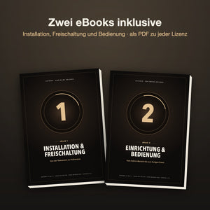 Die zwei eBooks zur Fotobox-Software als PDF: „Installation & Freischaltung“ und „Einrichtung & Bedienung“, dunkle Cover mit goldenem Countdown-Ring
