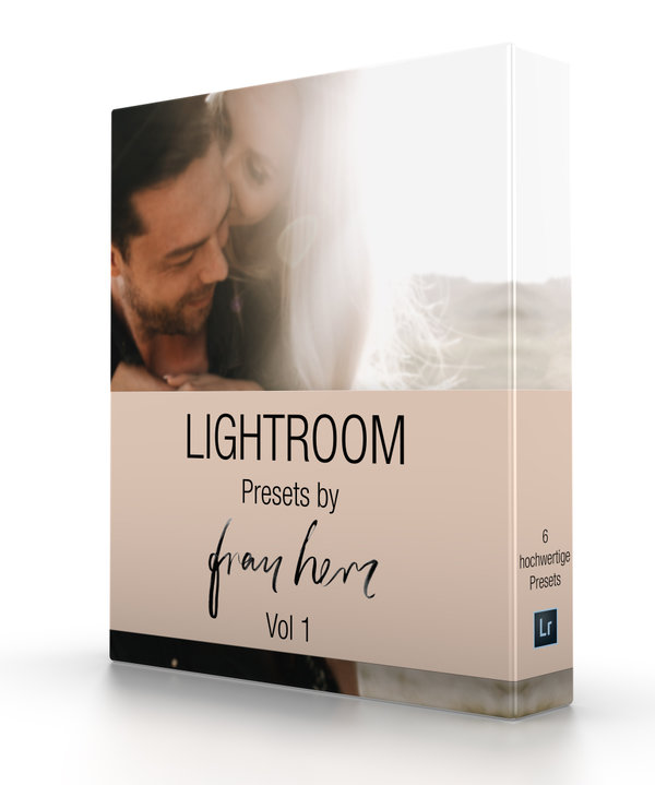 Auf dem Bild siehtst du Lightroom Presets by Frau Herz Vol 1. Im Hintergrund ein Musterfoto aus dem Preset. Auf dem Foto ist ein Paar zu sehen.